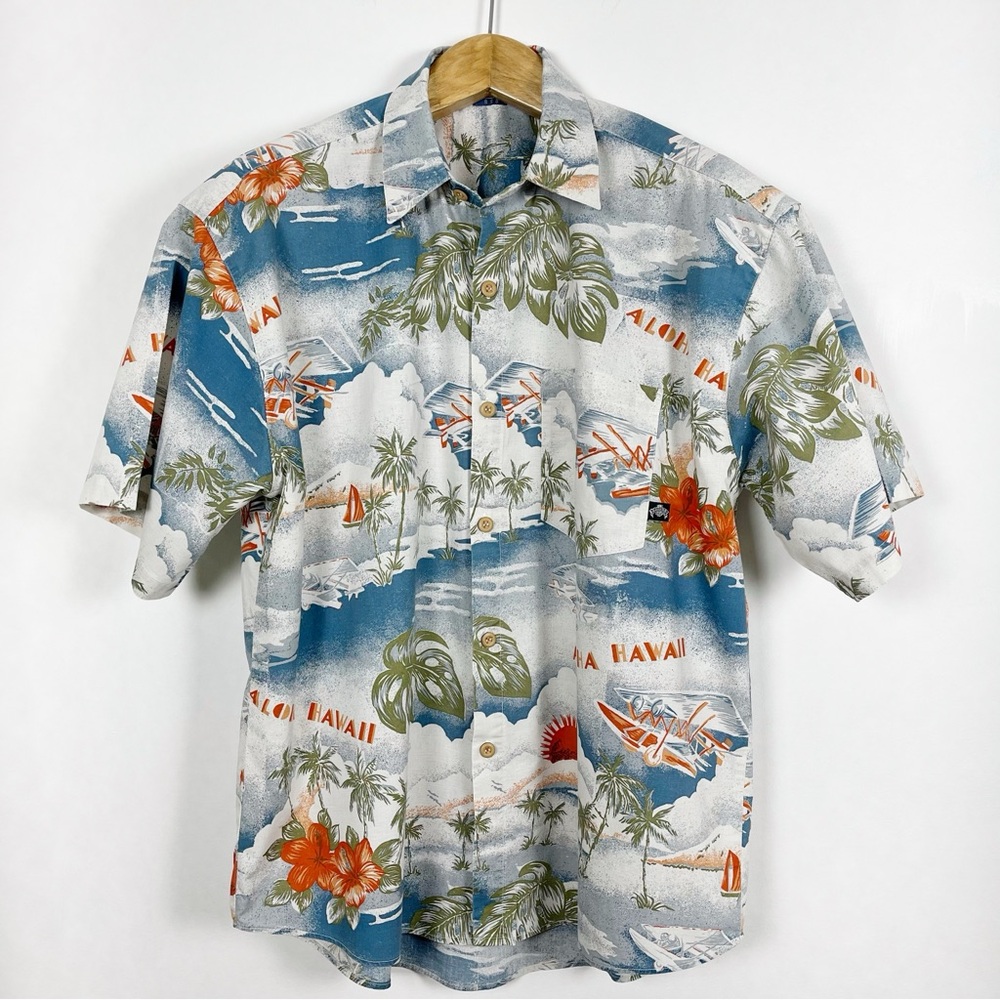 Vintage Aloha Hawaii Men's White and Blue Tropical Print Shirt Size Large